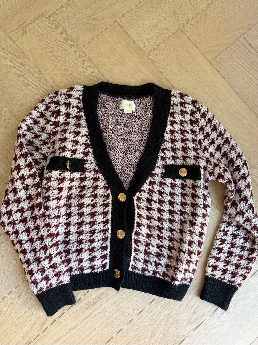 Maeve Burgundy, Cream & Black Houndstooth Knit Cardigan